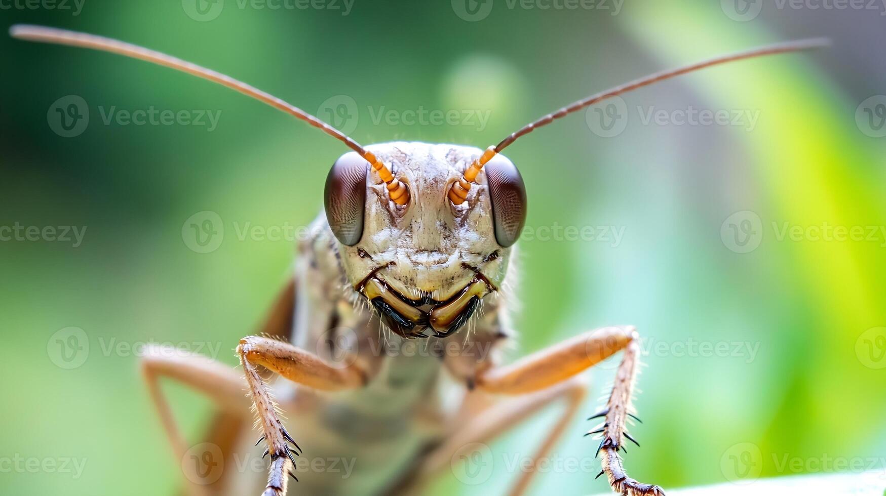 Grasshopper Staring Head-On with Vibrant Green Background Highlighting Its Features photo