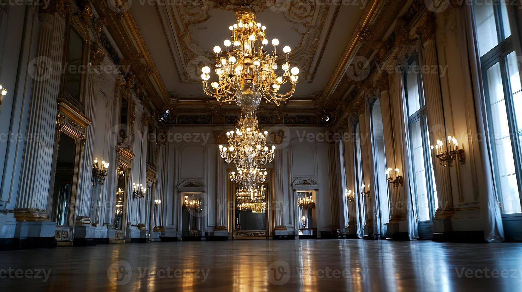 Luxurious Grand Ballroom with Ornate Chandeliers and Elegant Architecture photo