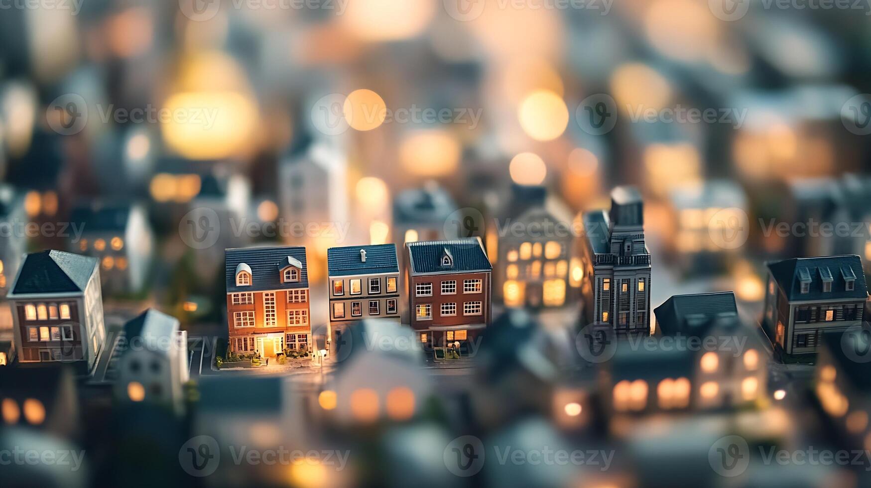 Miniature Houses in the Night with Warm Glowing Lights and Blurred Background photo