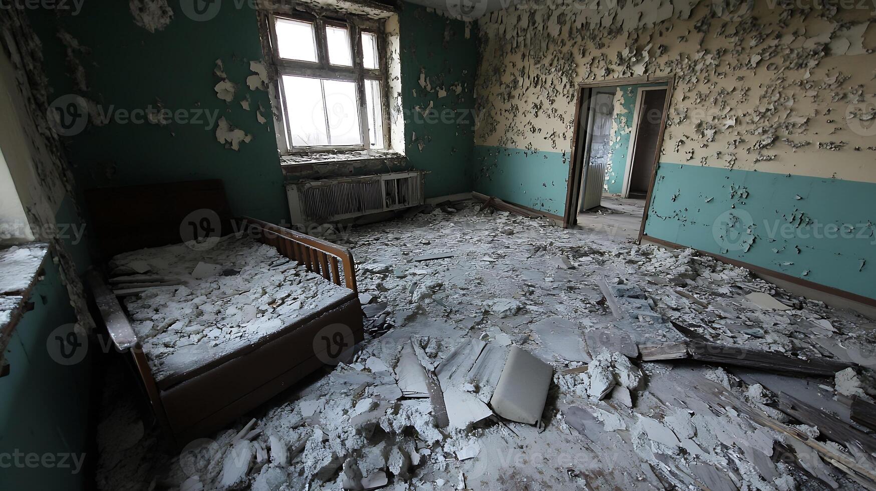 Abandoned Room with Crumbling Paint and Deteriorating Interior photo