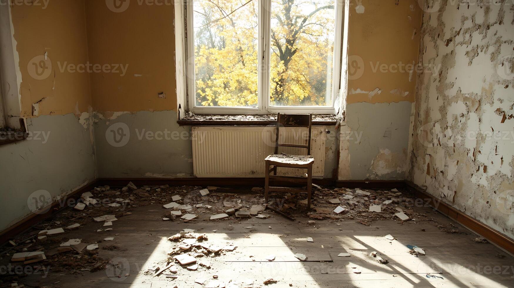 Abandoned Room with Natural Light and Peeling Walls Evoking Nostalgia photo