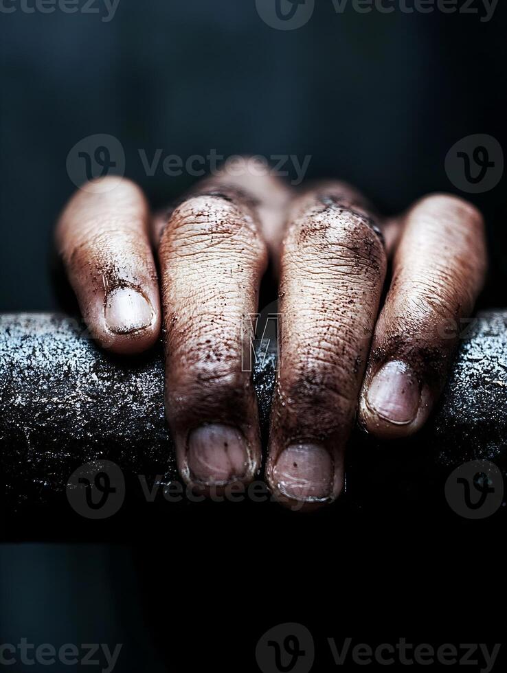 Worn and Strong Hands Firmly Gripping a Metal Bar Representing Resilience photo