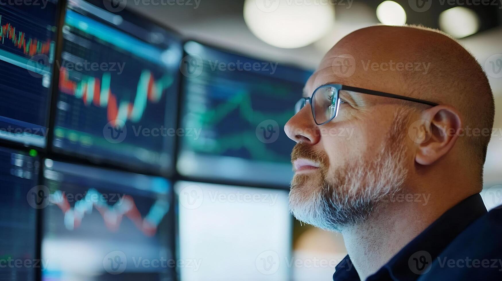 Financial Analyst Monitoring Stock Market Data on Multiple Computer Screens photo