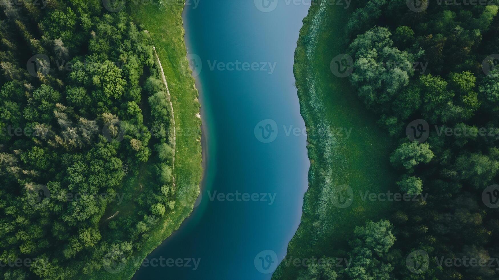 Lush Green Forest River Bend Captured From Aerial Drone Perspective photo