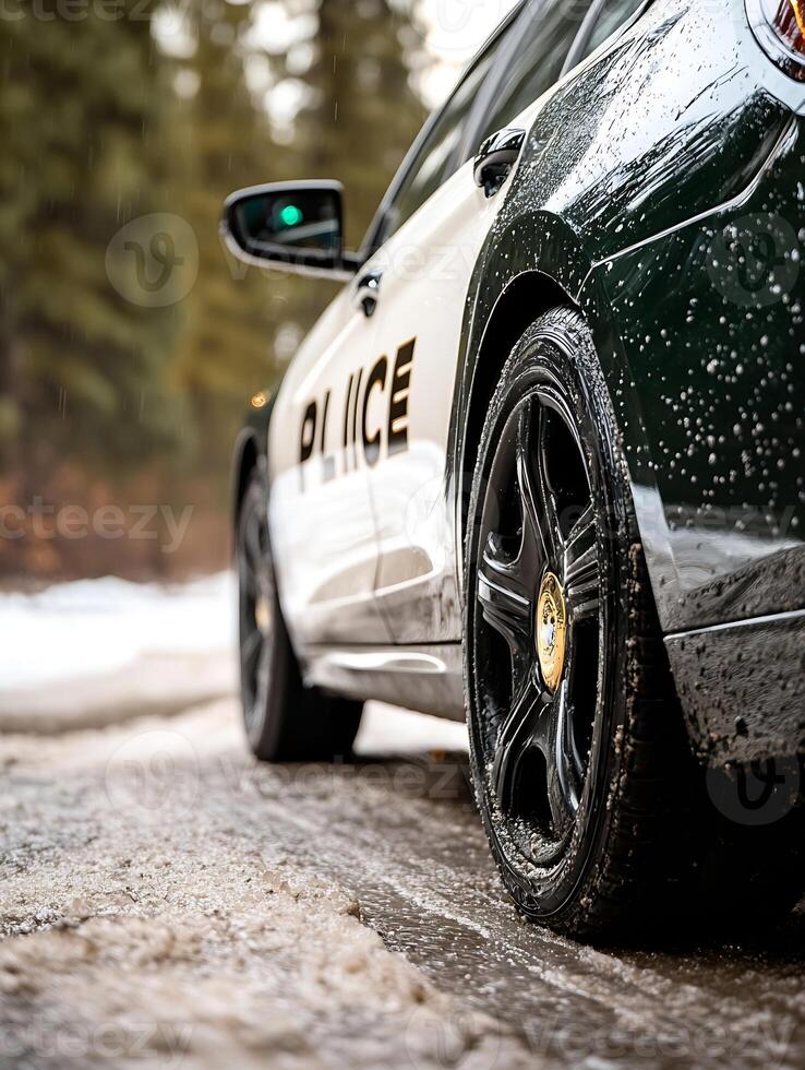 Close-up of Police Car with Green and White Exterior on Rainy Day photo