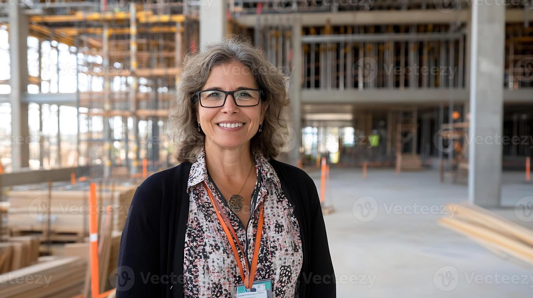Confident Female Architect Smiling in Construction Site Wearing Safety Badge and Glasses photo