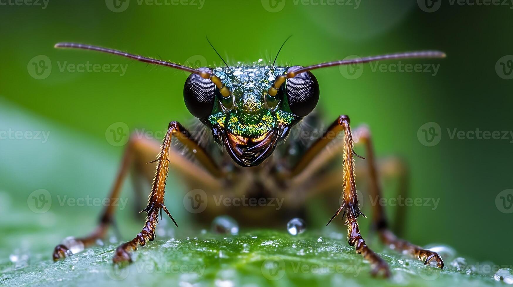Macro Shot of Green-eyed Insect with Water Droplets on Leaf photo