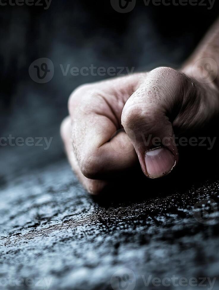 Clenched Fist Against Dark Grungy Background Reflecting Determination And Anger photo