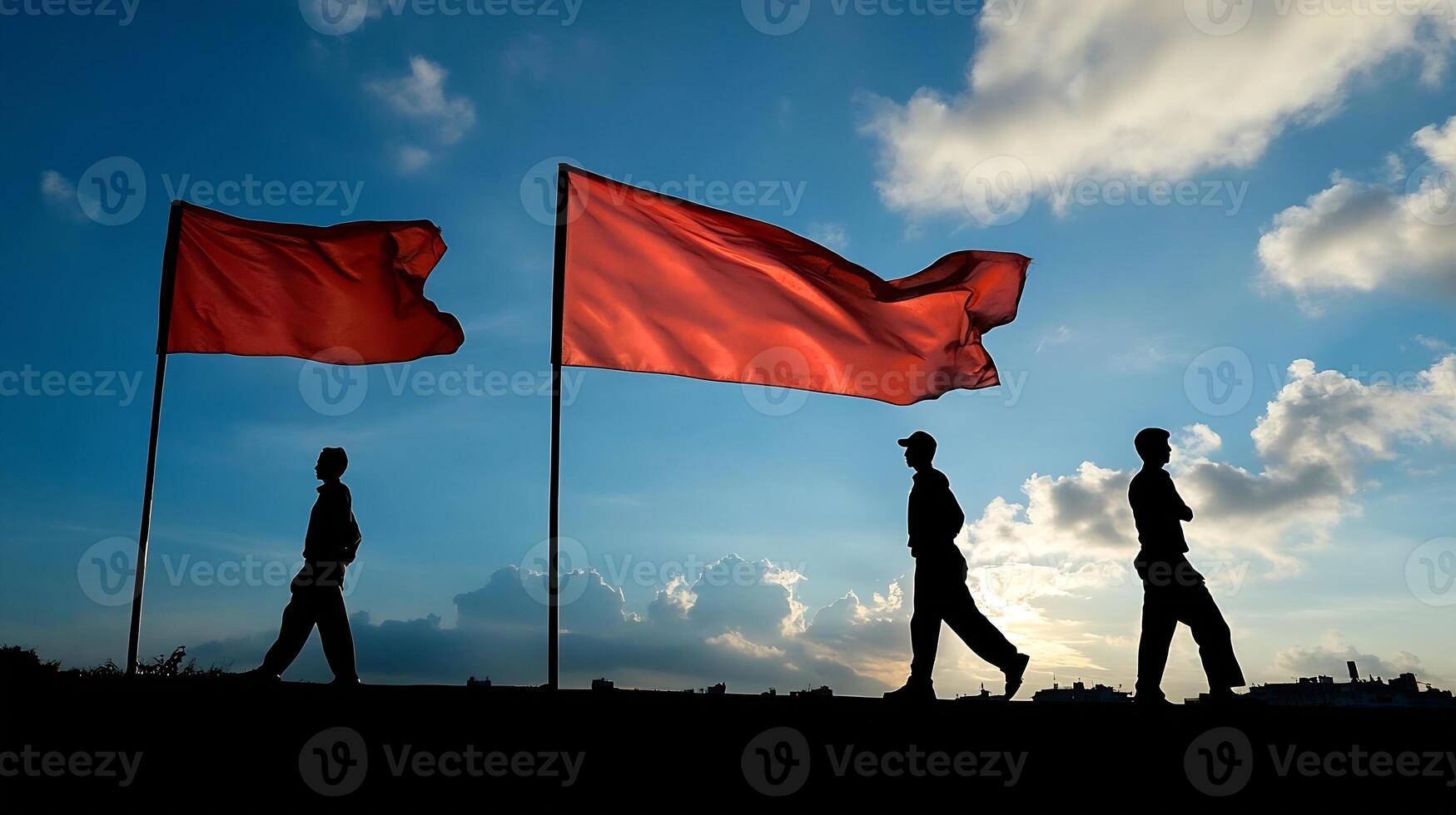 Silhouette of Three Individuals Walking Against Stunning Sky with Red Flags Waving in the Wind photo