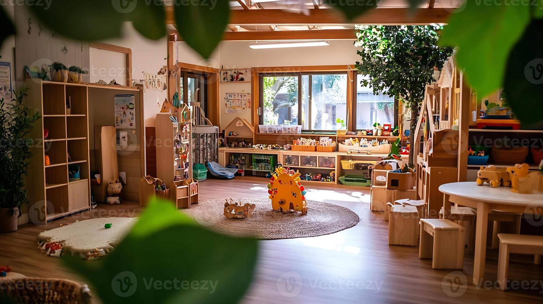 Warm and Inviting Kindergarten Classroom with Natural Light and Wooden Toys photo