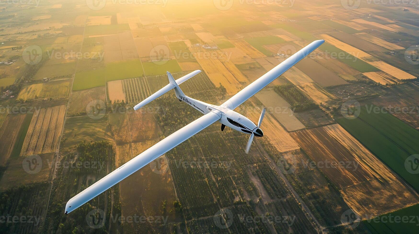 Unmanned Aerial Vehicle Flying Over Expansive Countryside at Sunrise Exploring Modern Drone Technology photo