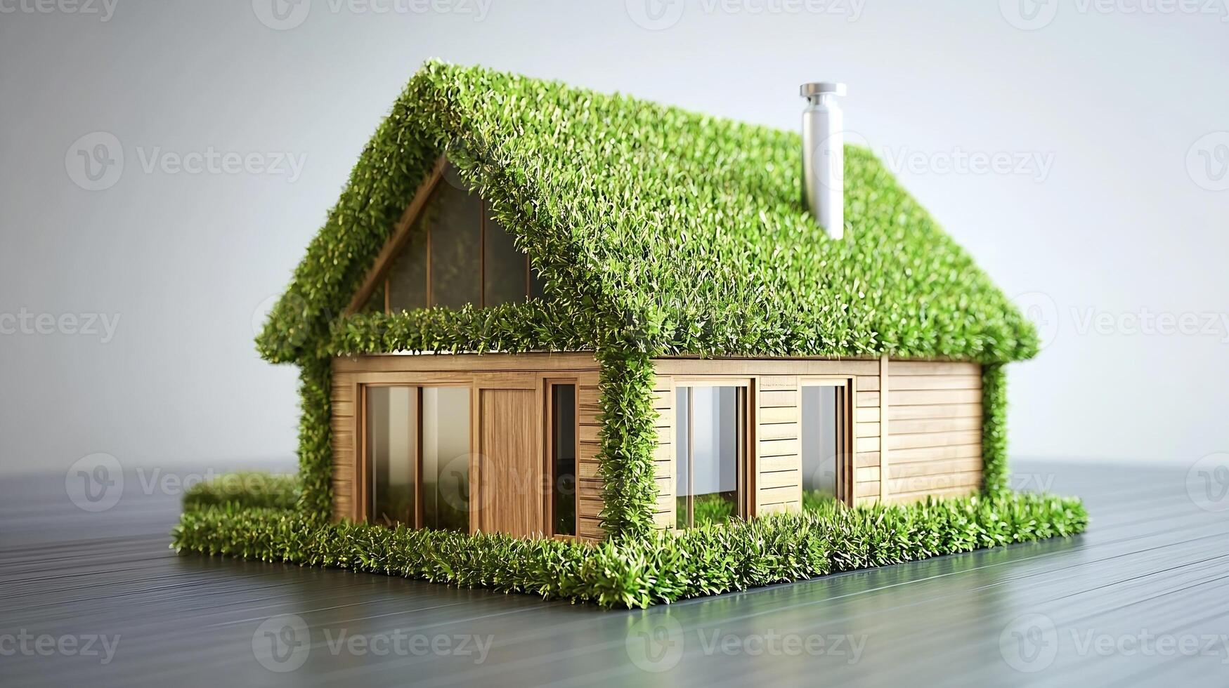 Eco-Friendly Sustainable Tiny House with Green Roof Surrounded by Nature for Modern Living photo