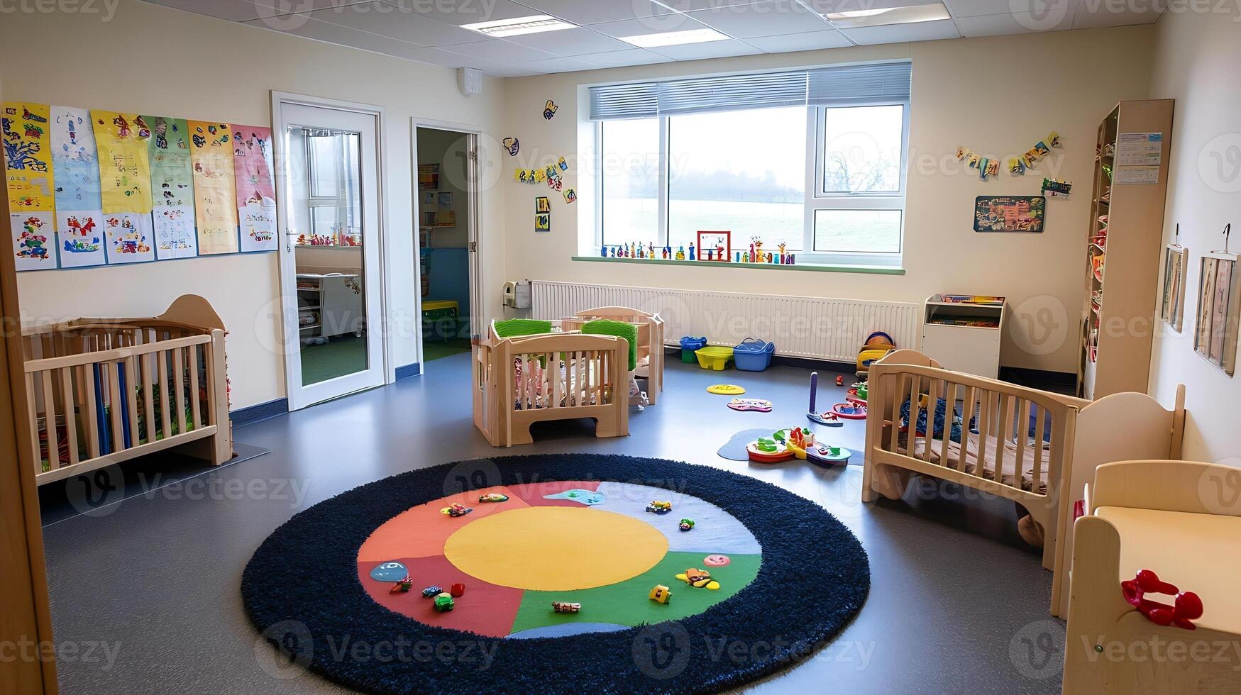 Spacious Kindergarten Classroom with Educational Toys and Play Area for Child Learning Development photo