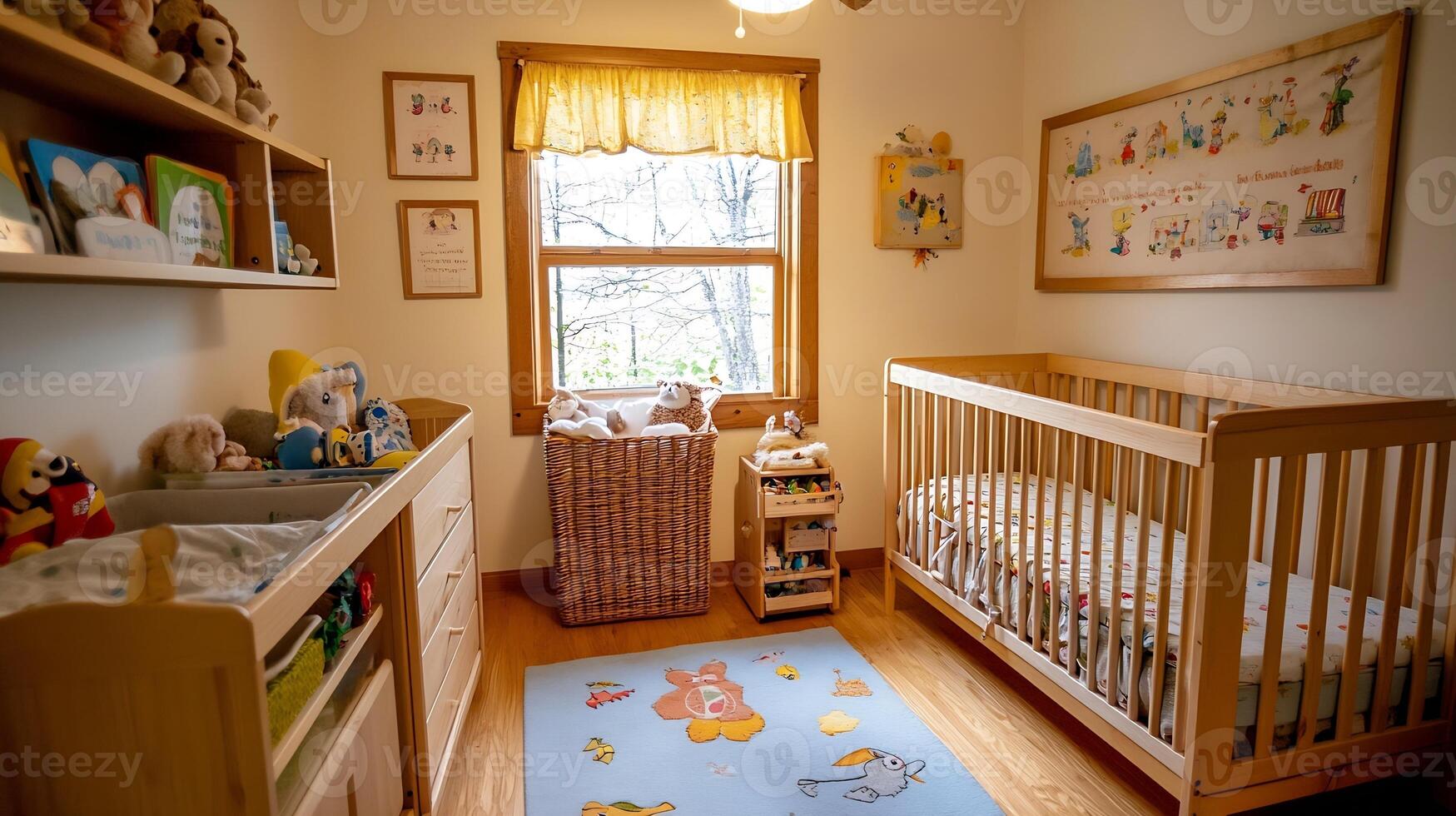 Cozy and Playful Nursery Room with Wooden Furniture and Plush Toys photo