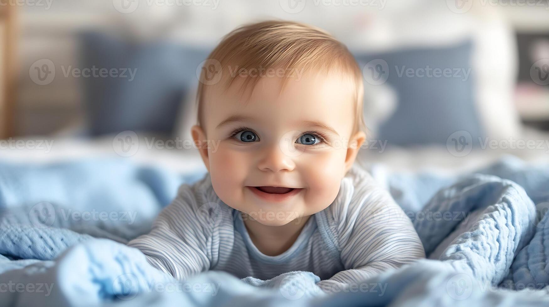Smiling Baby in Cozy Blue Blanket with Soft Natural Light on Cozy Bed photo