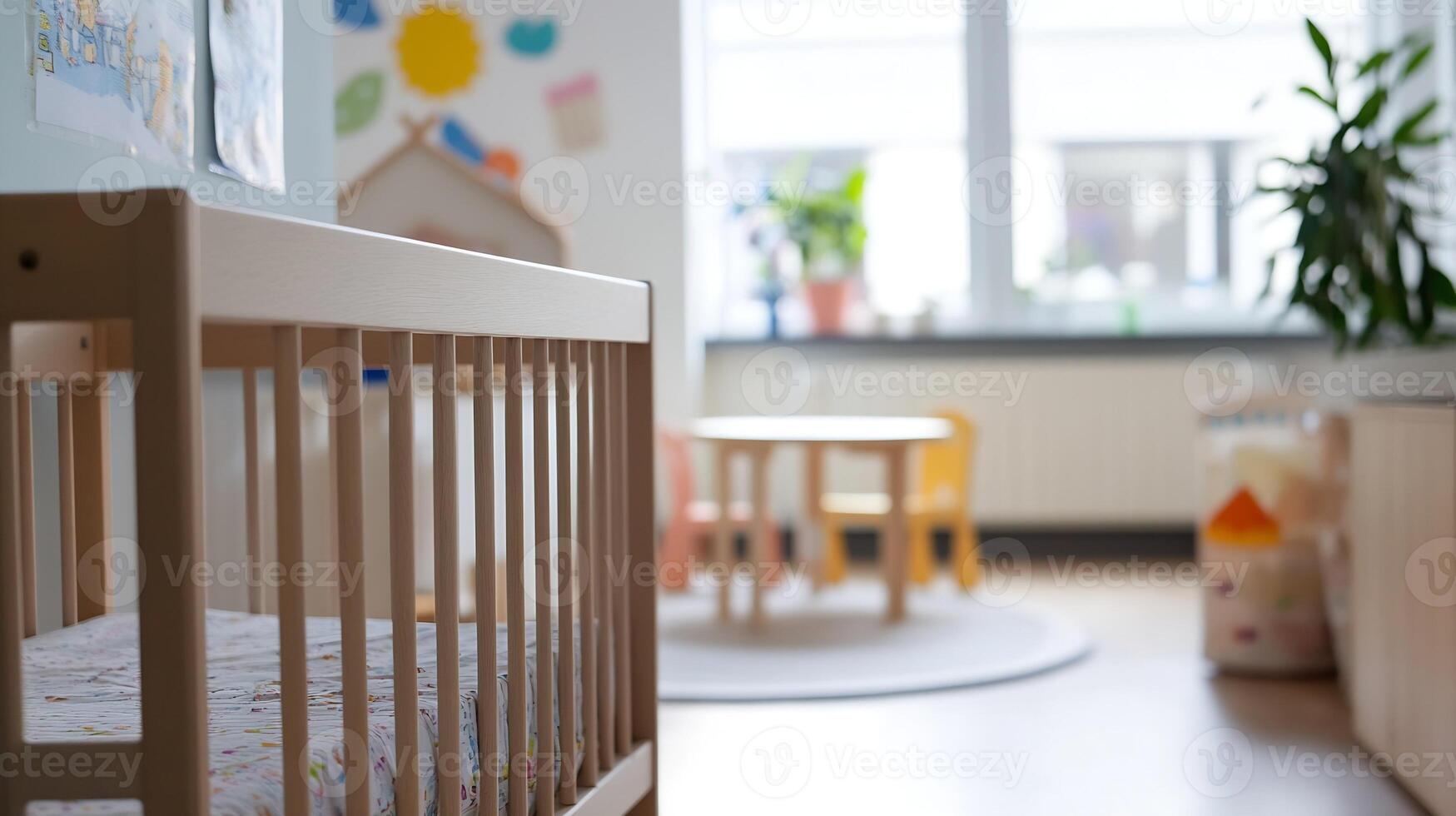 Modern Nursery Interior with Wooden Furniture and Natural Light Creating a Warm Environment photo