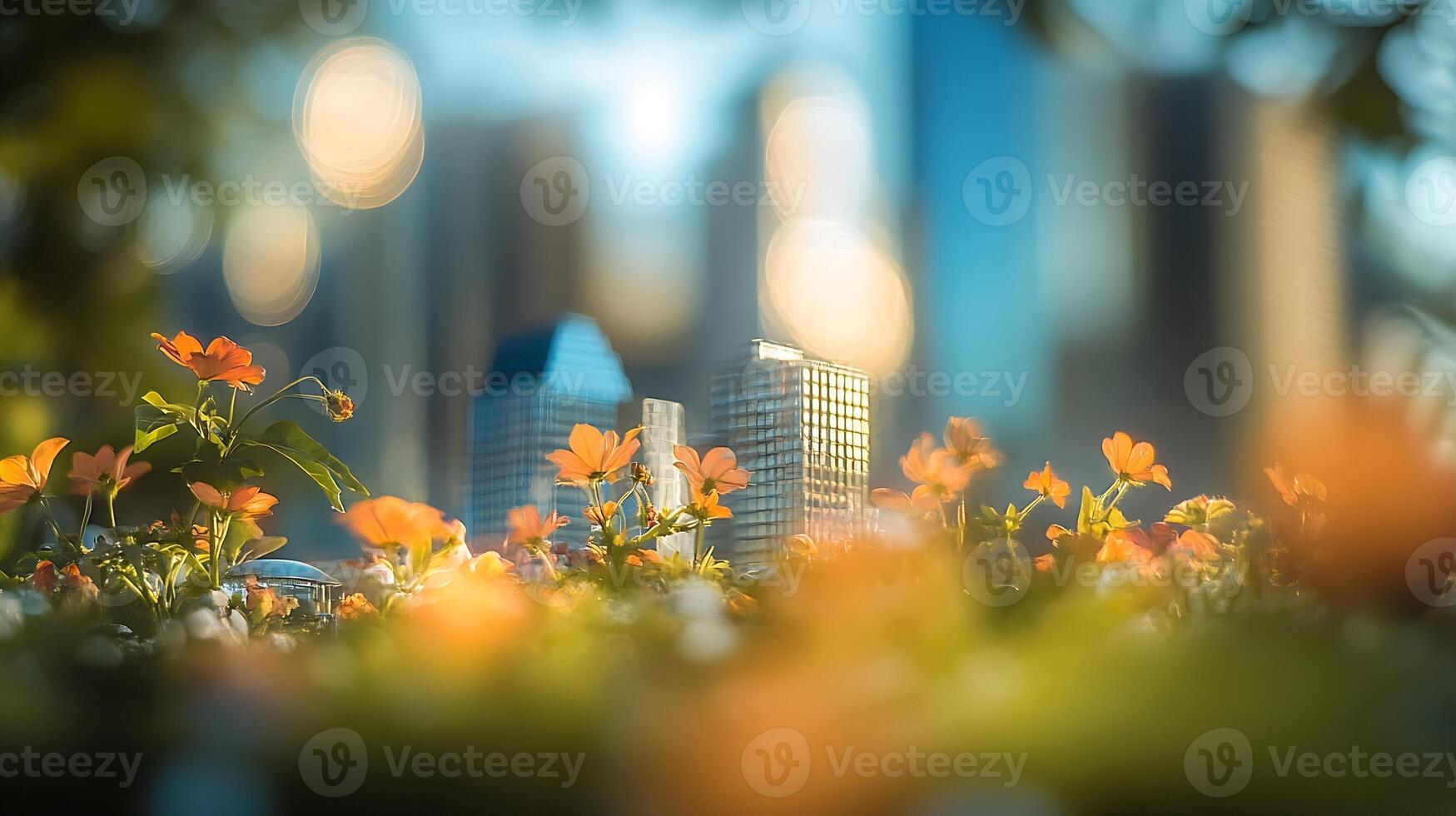 Urban Park with Wildflowers and Skyscrapers Under Soft Evening Light photo