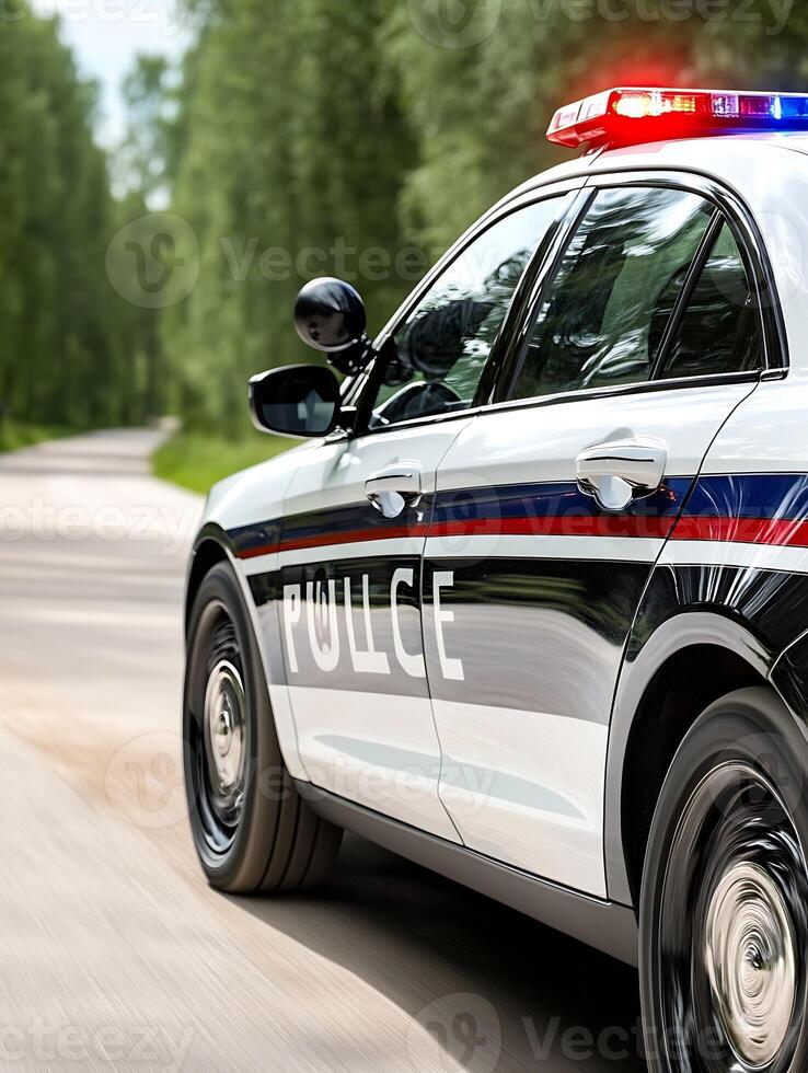 Police patrol car speeding on a rural road with lights flashing ready for action photo