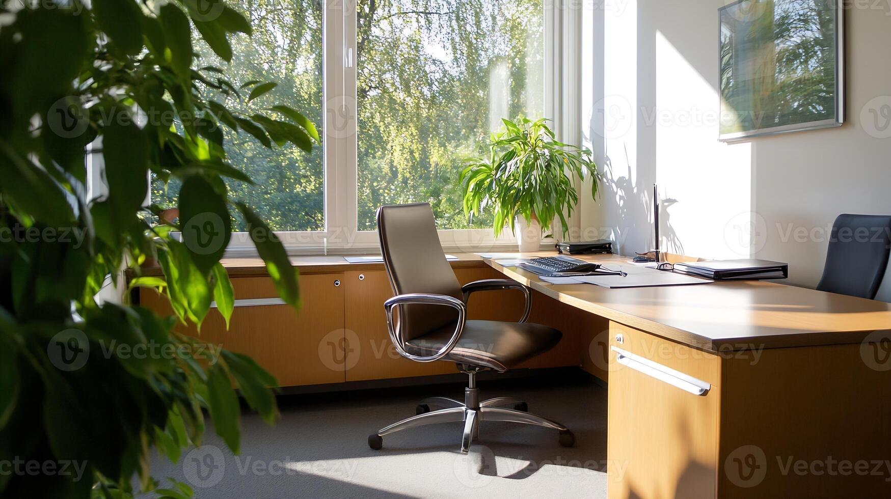 Cozy Home Office with Comfortable Chair and Large Window Overlooking Nature photo
