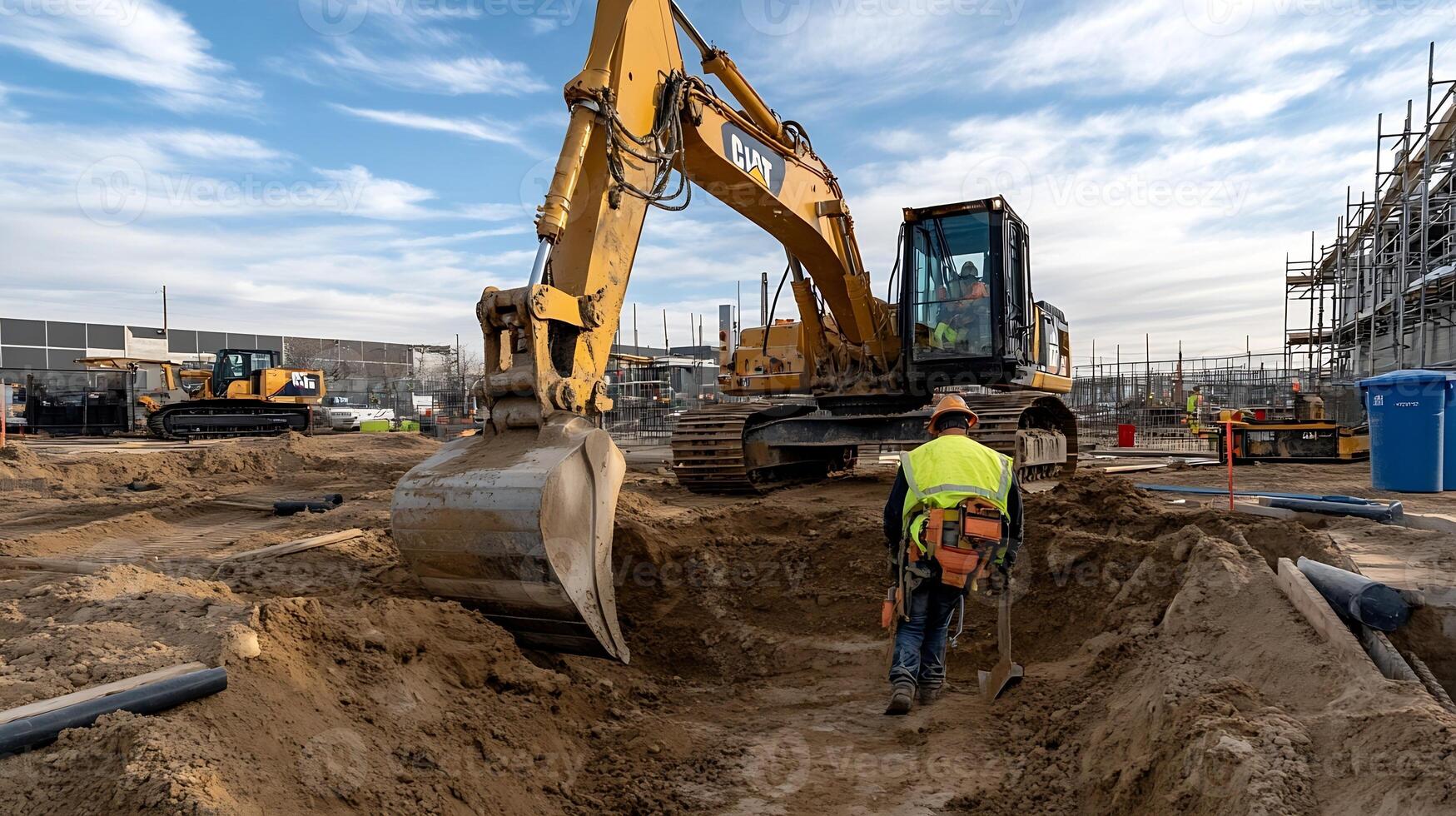 Industrial Construction Site with Bulldozer and Worker in High Visibility Gear photo