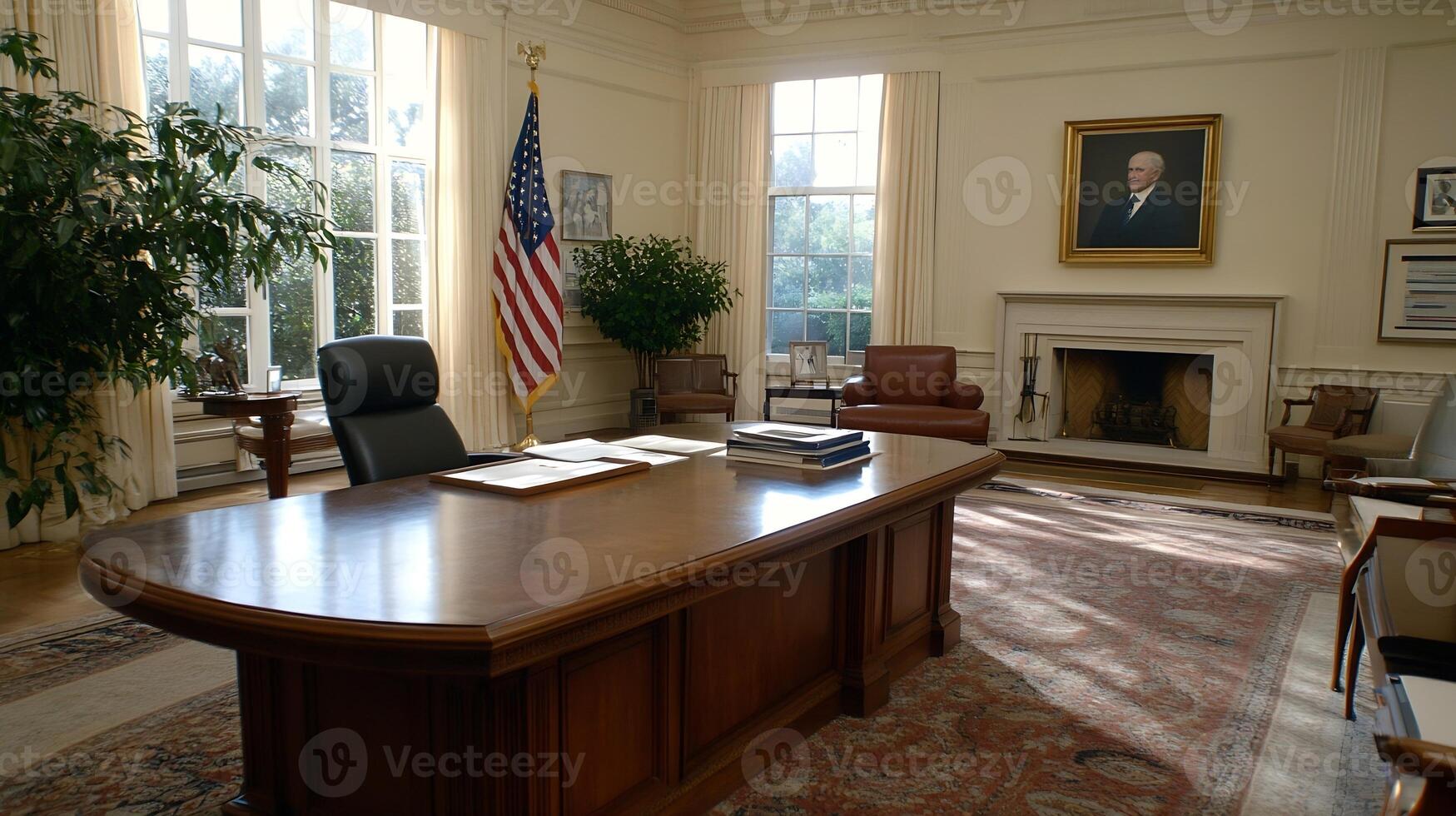 Official Government Office with Elegant Desk and Flag in Sunlit Room photo
