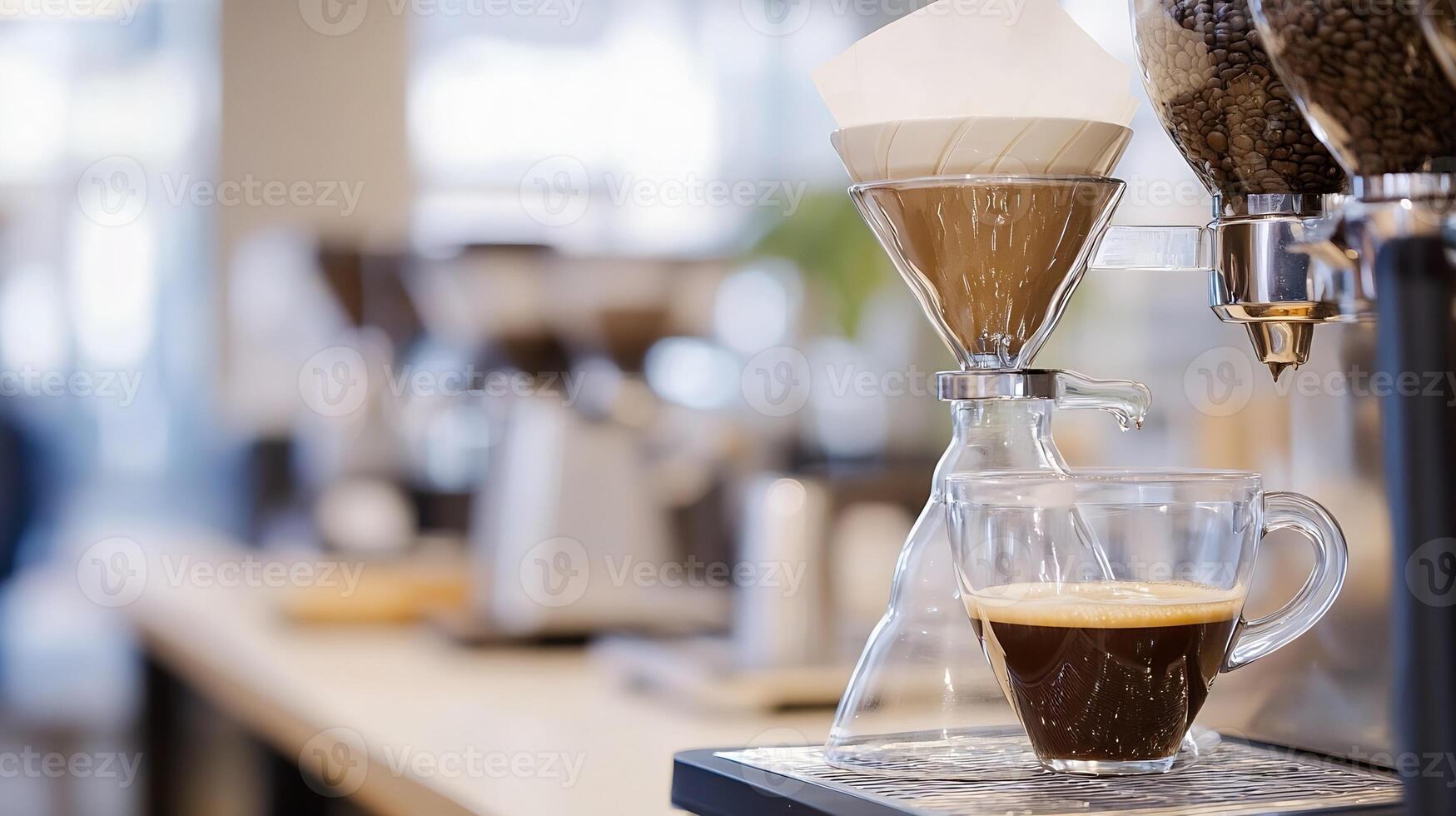 Modern Espresso Coffee Drip Filter Brewing in Cozy Cafe Setting photo