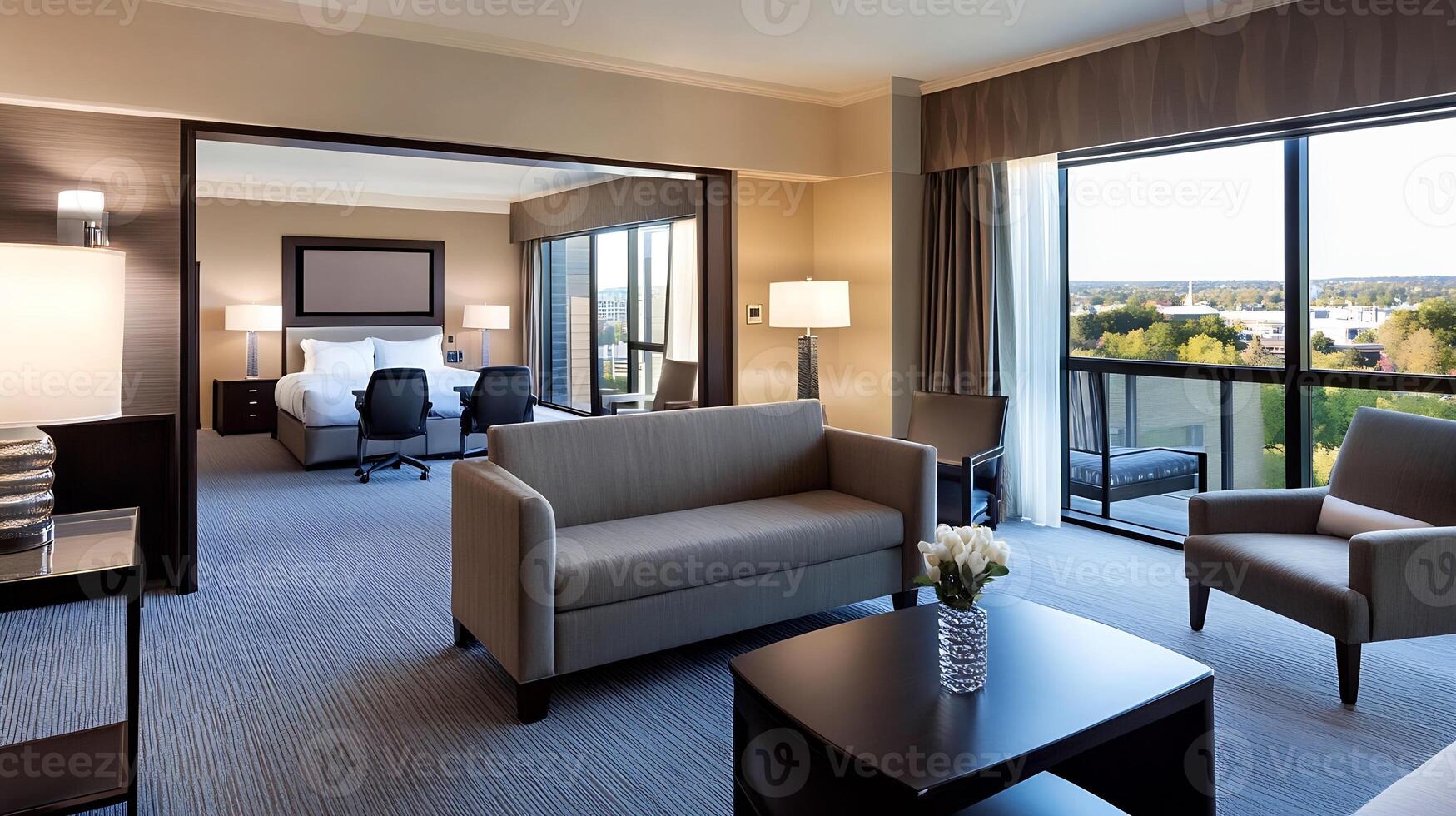 Modern Hotel Suite with Spacious Living Area and Scenic View Through Large Windows photo
