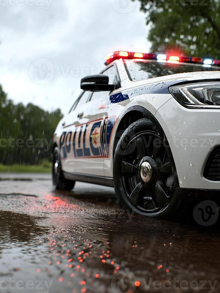 Rainy Day Scene with Police Car and Reflections on Wet Pavement photo
