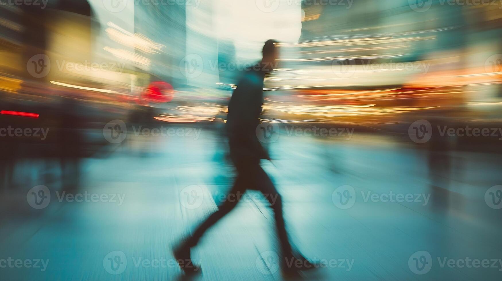 Dynamic Motion Blur of Pedestrian in Urban Cityscape Capturing Energetic Vibe and City Life Hustle photo