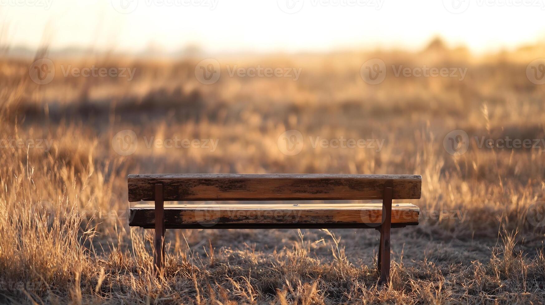 Rustic Wooden Bench in Golden Field During Sunset Creating a Serene and Atmospheric Nature Moment photo