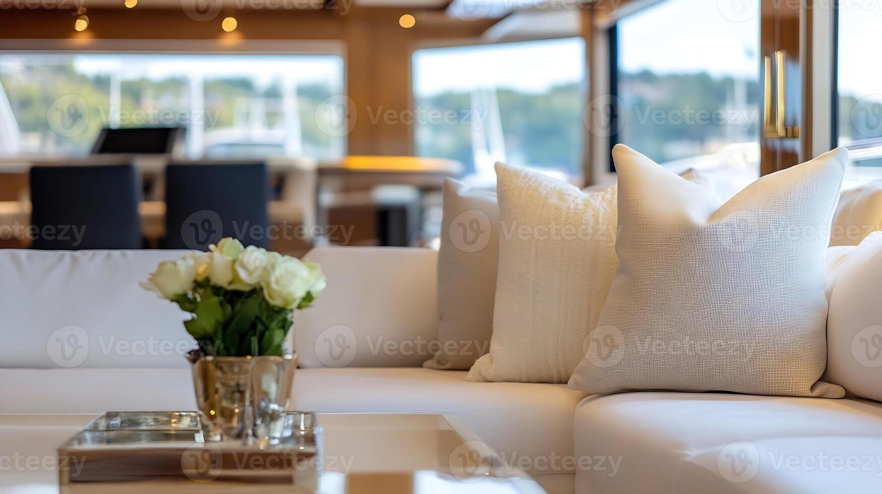 Luxurious yacht interior with elegant white seating and lush marina view photo