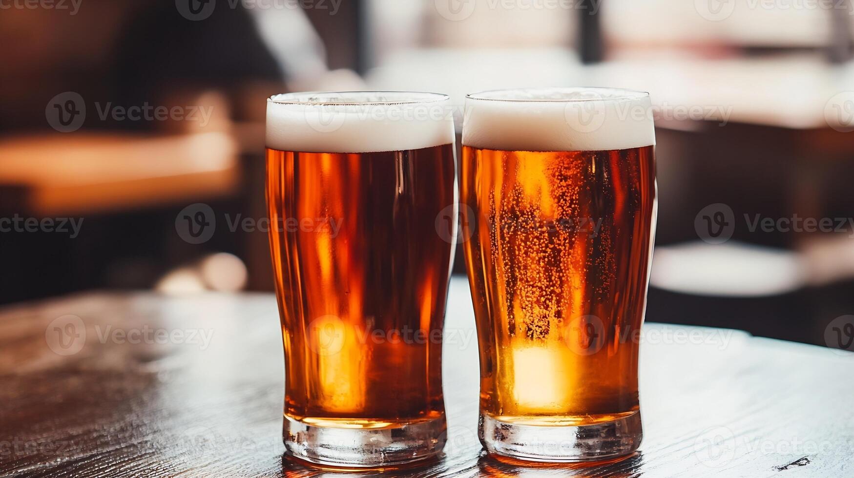 Golden Craft Beer Glasses with Foam on Wooden Table Inside Cozy Pub Setting photo