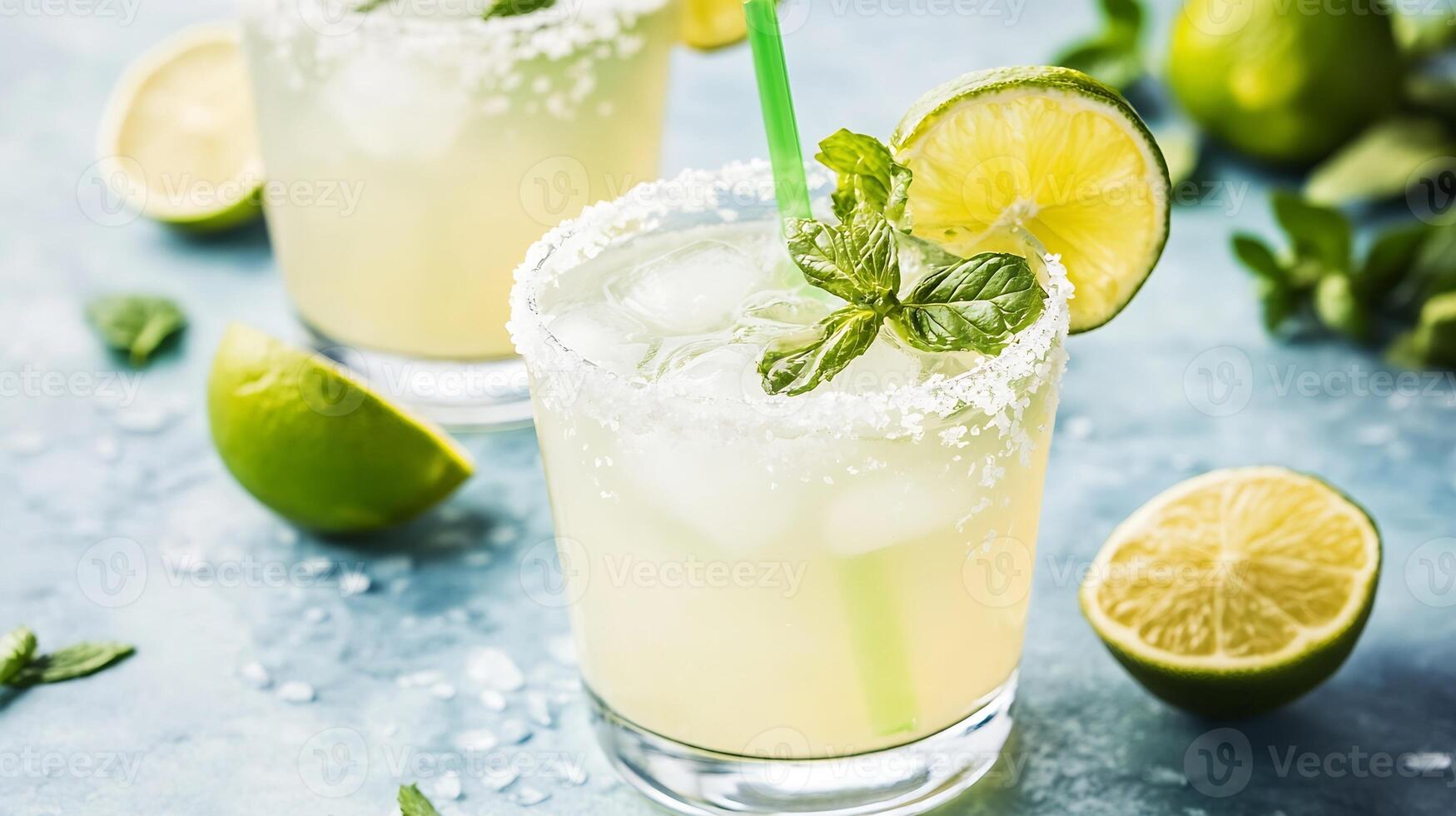 Refreshing margaritas with lime and salt on a vibrant blue background photo