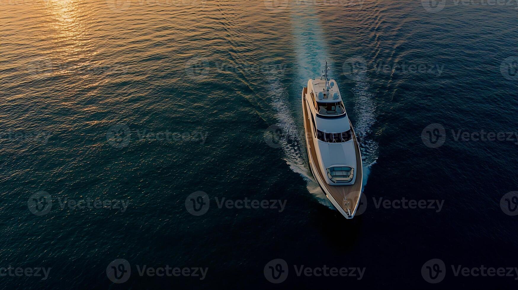 Arial View of Yacht Sailing Through Tranquil Golden Waters at Sunset photo