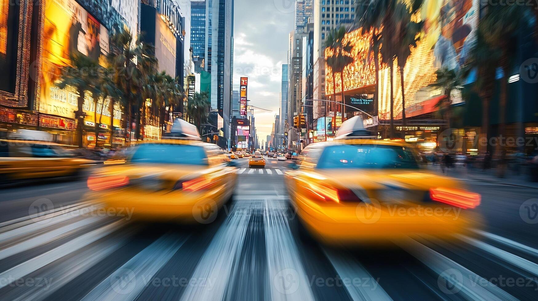 Iconic Yellow Taxis Speed Through Bustling New York City Street at Dusk photo