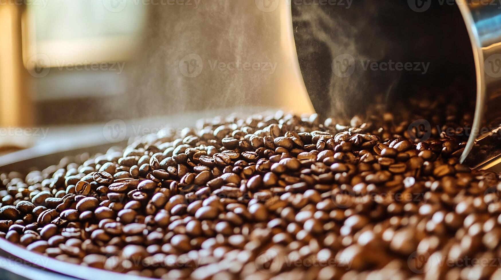 Golden Coffee Beans in Roasting Process With Rich Smoky Aroma and Texture photo