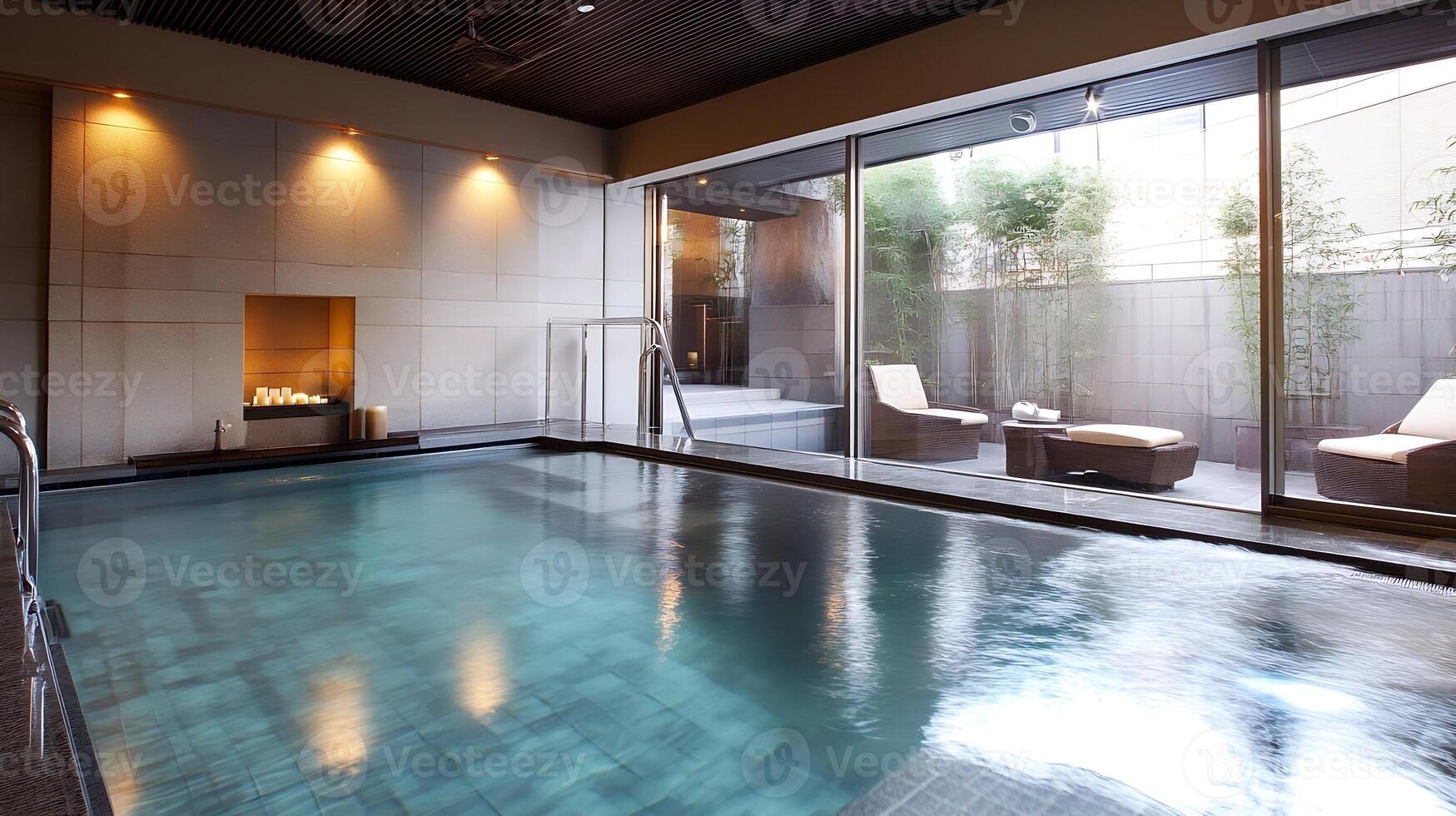 Modern Indoor Pool Area with Relaxing Seating and Large Glass Windows for Natural Ambiance photo
