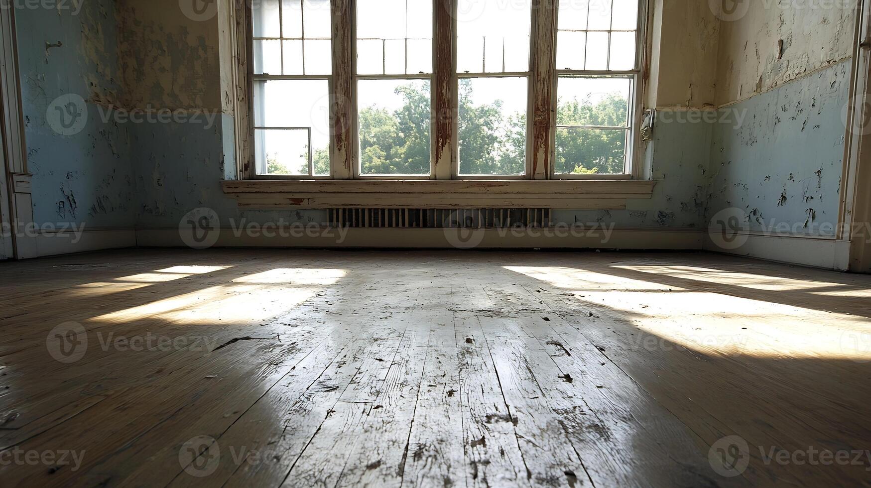 Sunlit Abandoned Room with Wooden Floor and Large Windows in Tattered Building photo