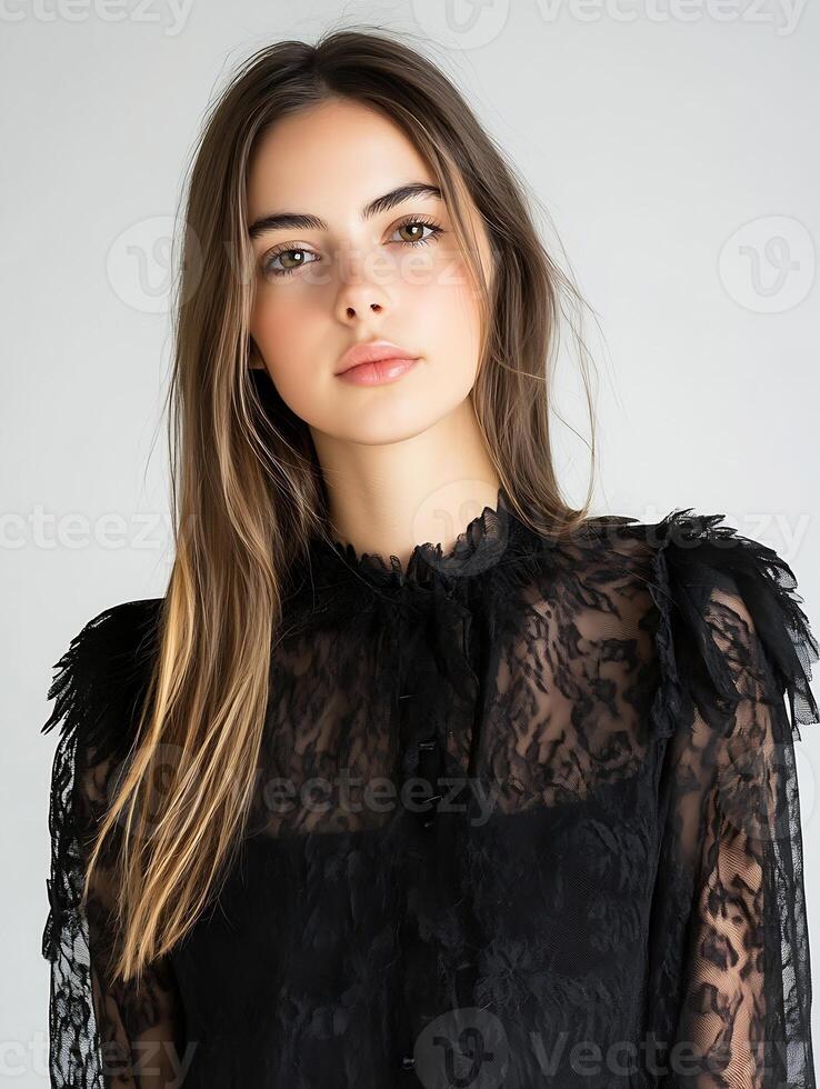 Young Woman in Black Lace Outfit Poses Gracefully with Natural Expression and Elegant Style photo