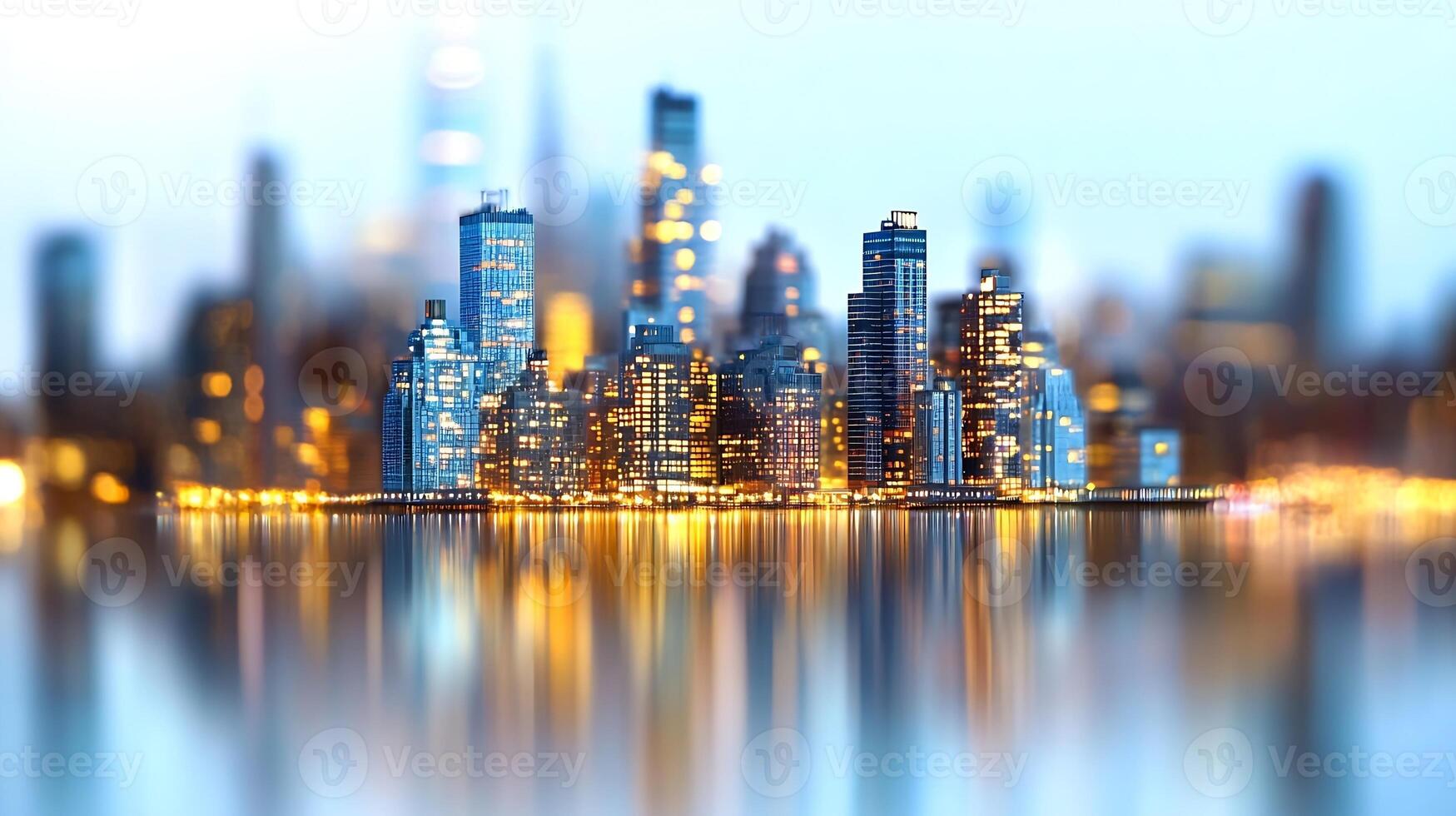 Reflective High Rise City Skyline with Luminous Evening Lights in Urban Waterfront photo