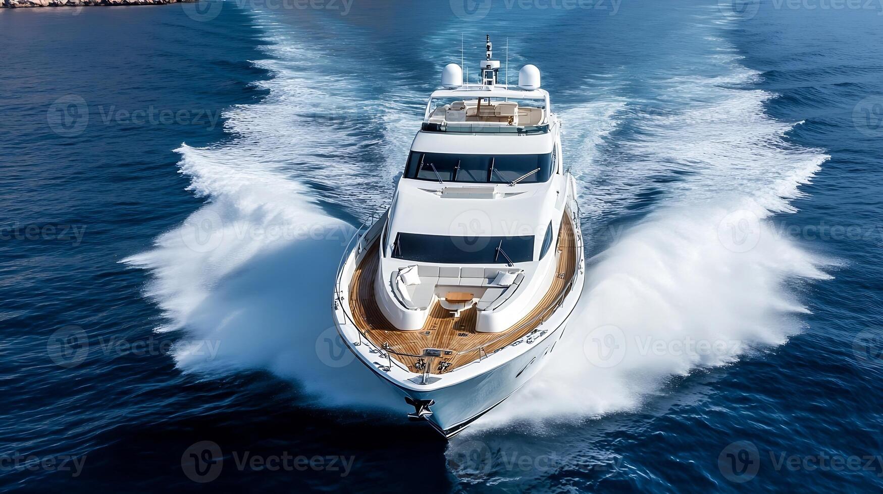 Speeding White Yacht on Open Sea Creating Powerful Wake and Waves photo