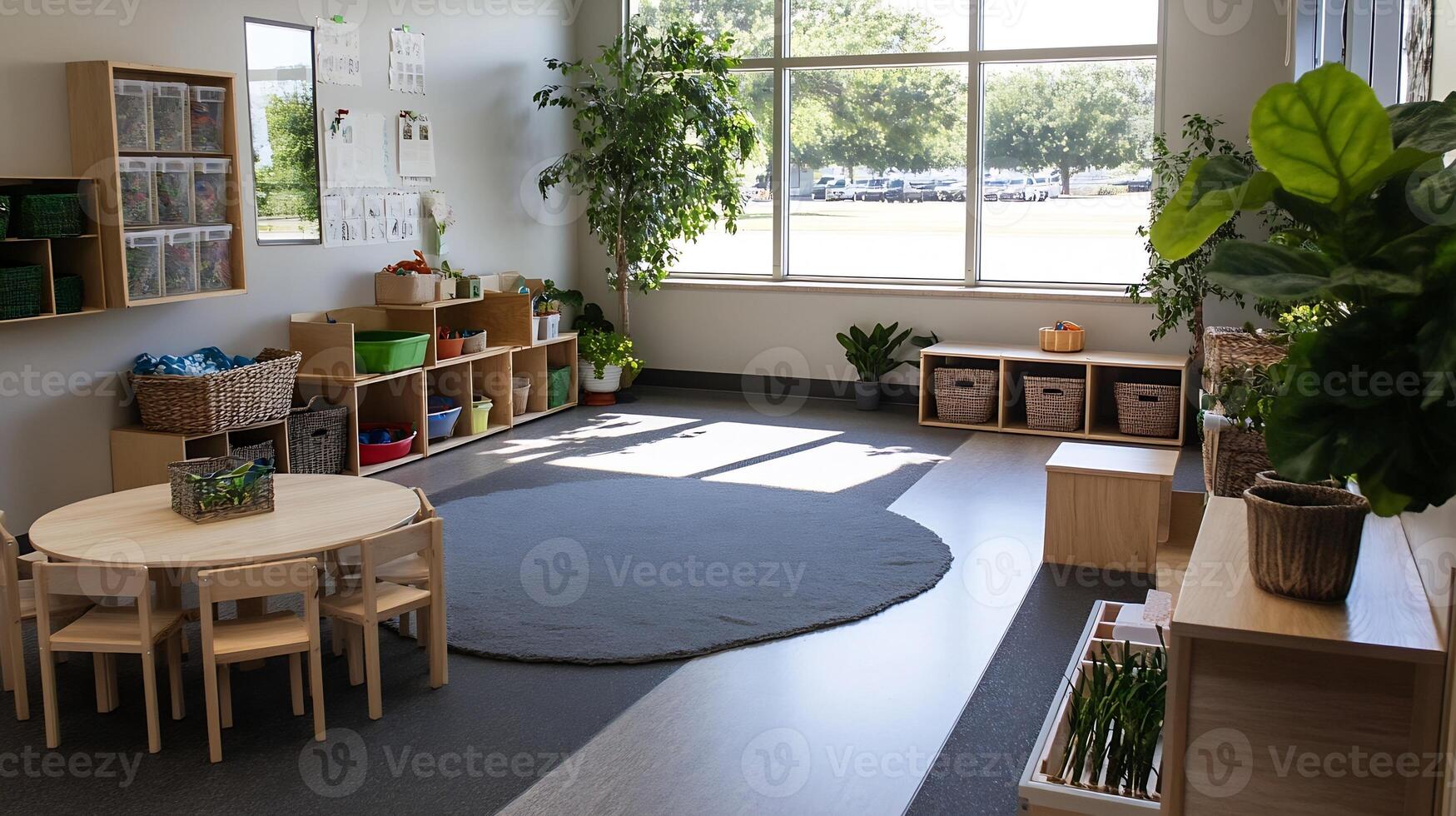 Brightly Lit Minimalist Preschool Classroom with Natural Elements for Inspiring Early Childhood Education photo