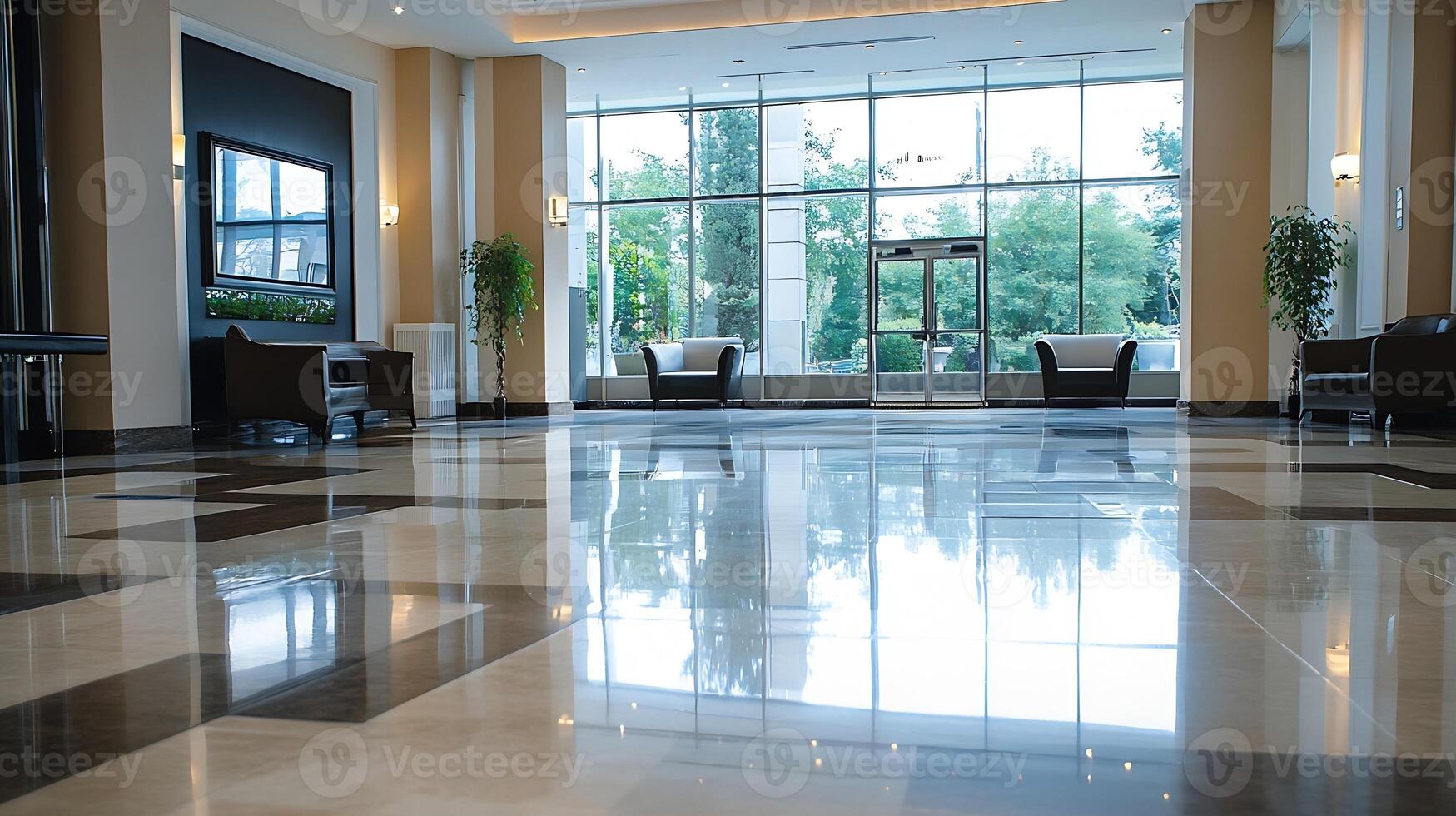 Spacious Hotel Lobby with Polished Marble Floors and Natural Light photo