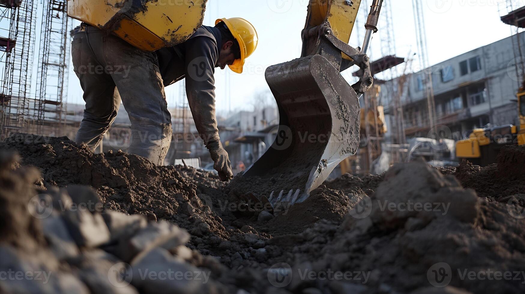 Skilled construction worker operating excavator at large building development site photo