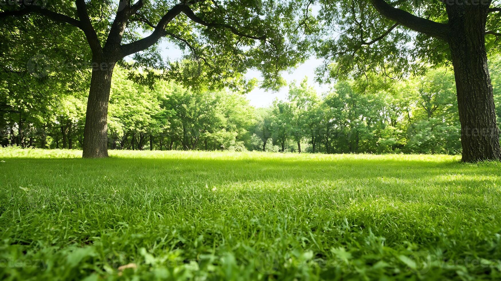 Peaceful Green Landscape with Lush Trees and Open Grass Field under Blue Sky photo