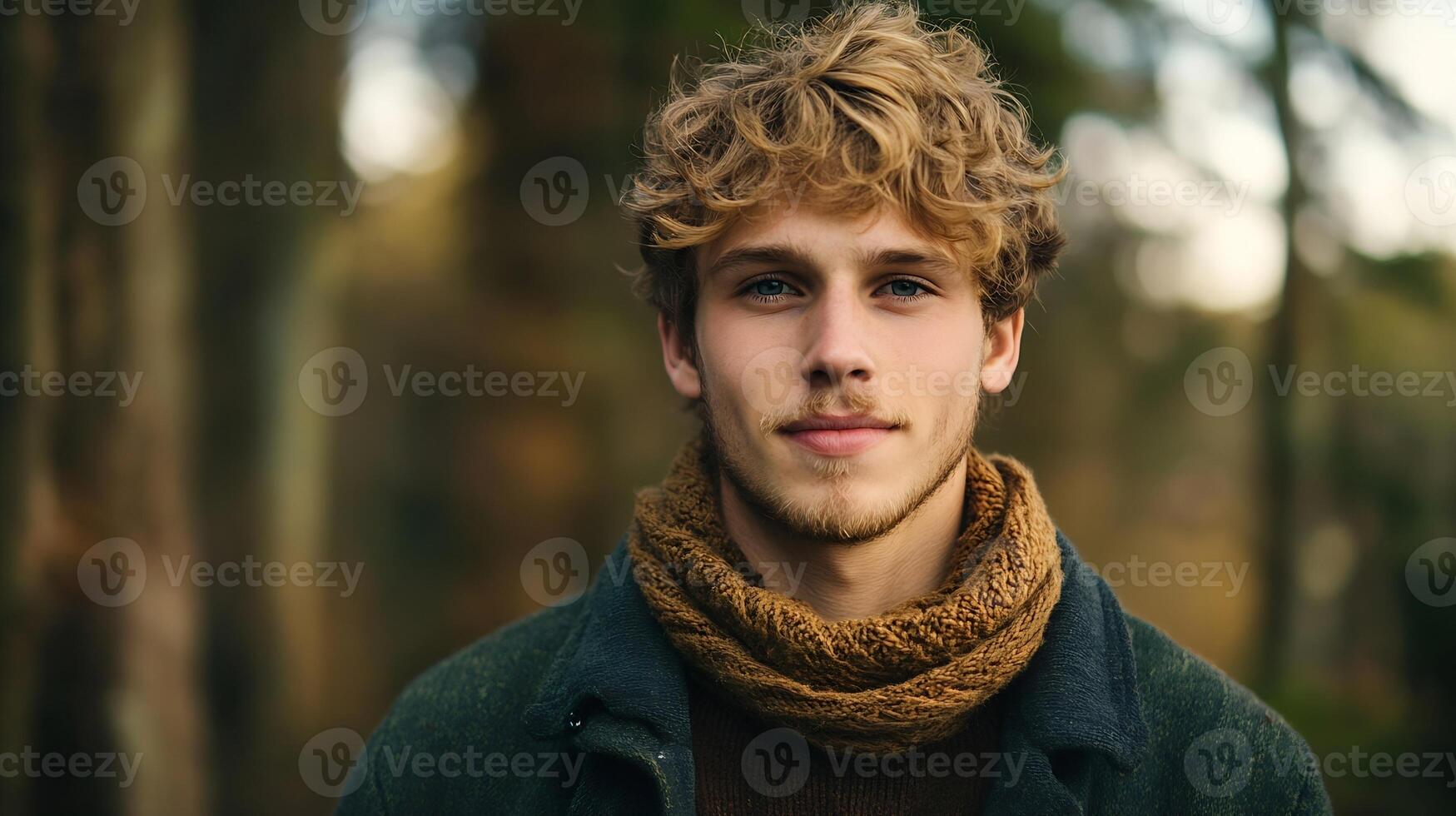Portrait of Young Man with Curly Hair and Scarf in Autumn Forest Background photo