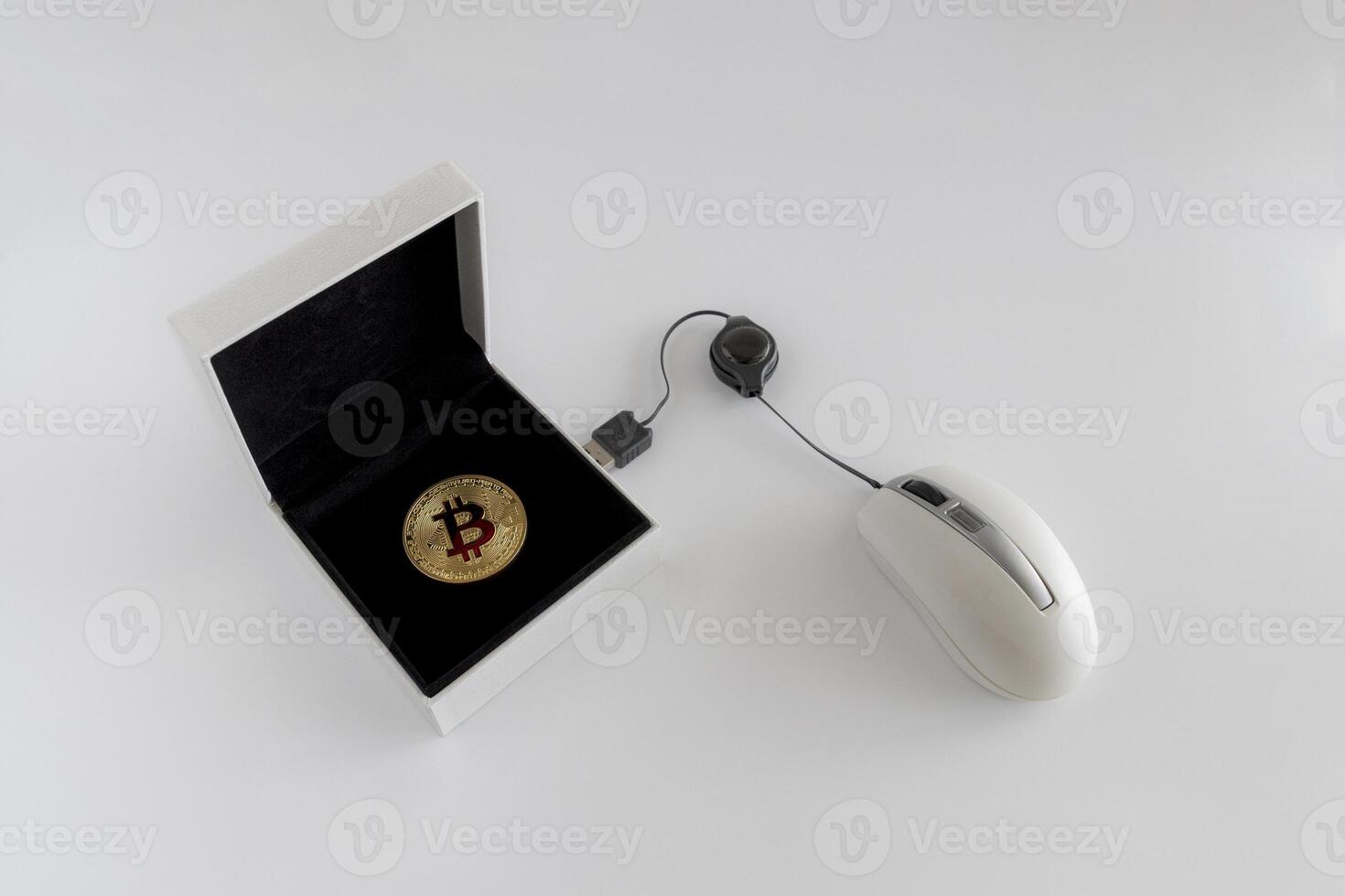 Bitcoins in white leather box split on a gray background. with clipping path photo