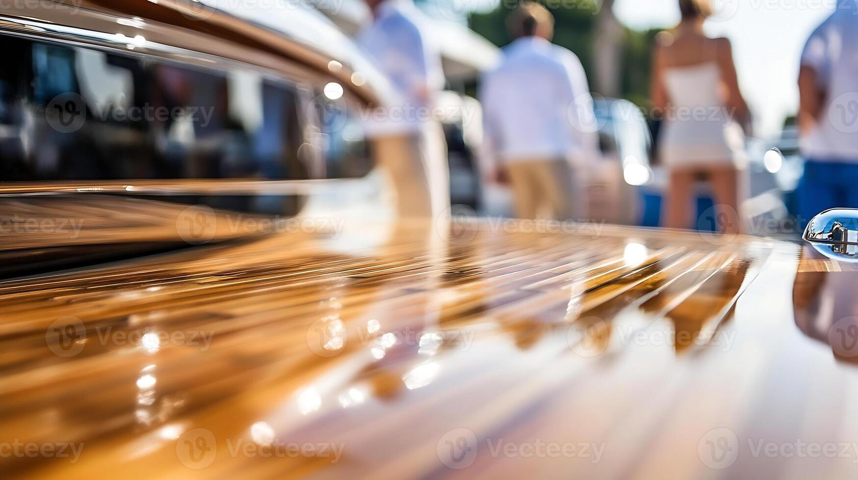 Luxury Yacht Deck Detail with Sunlit Polished Wood Surface photo