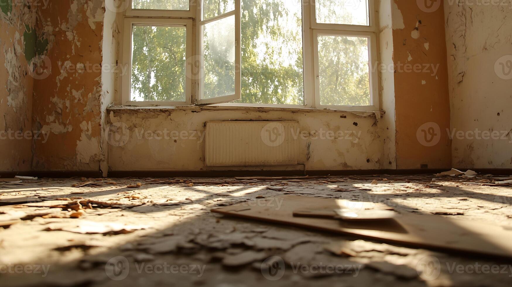 Abandoned Room with Peeling Paint and Sunlight Streaming Through Open Window photo