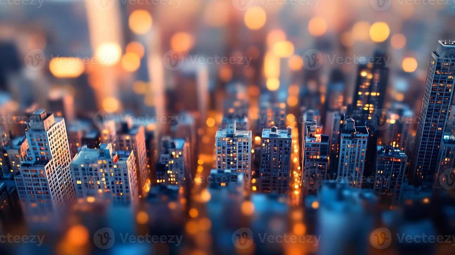 Vibrant illuminated cityscape at night with dazzling bokeh effect of city lights photo